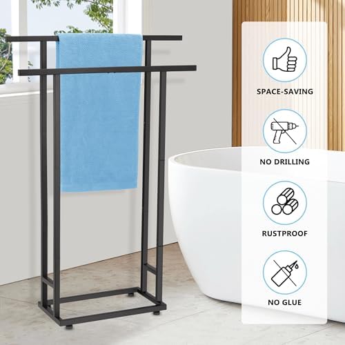 2-Tier Tall Towel Rack for Bathroom, Freestanding Towel Stand Drying Rack for Oversized Bath Towels, Poolside, Bathroom, Black, ALHAKIN - Image 4