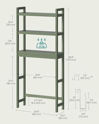 SONGMICS 3-Tier Bamboo Over The Toilet Storage, Adjustable Shelf, 66.9''H - Image 3