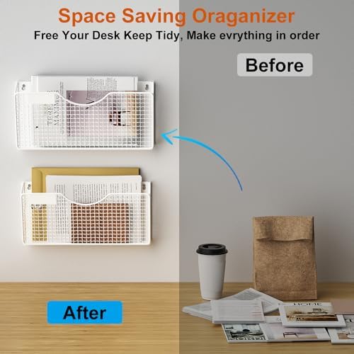 MFTEK Magnetic File Holder, 3 Pockets Wall File Folders Holder No Drilling Magnetic Paper Mail Organizer Magazine Basket, Hanging Storage Rack for Fridge Cabinets Office Classroom(White) - Image 5