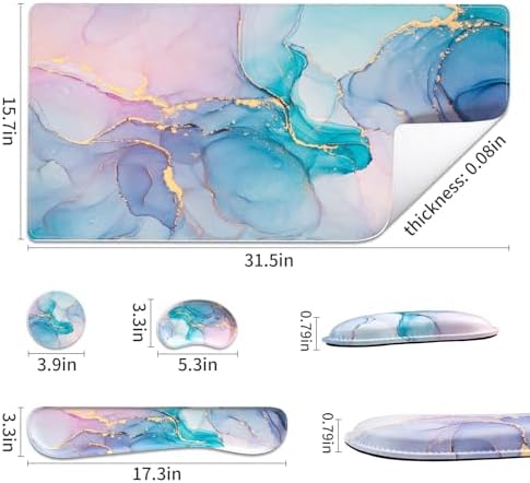 QiyI PU Leather Desk Mat Set, 4-in-1 Ergonomic Wrist Rest, Blue Pink Fluid - Image 3