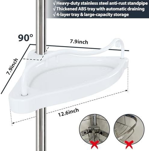 Corner Shower Caddy Tension Pole, 4 Adjustable Shelves, 39-125 Inch, White - Image 4