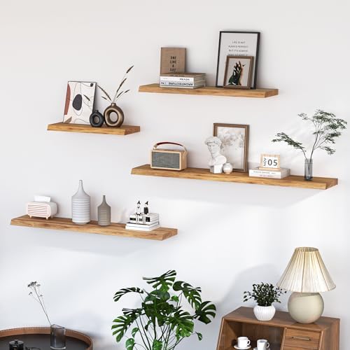 Floating Shelves for Wall, 55"x9.3" Rustic Solid Live-Edge Elm Wood Wall Shelves, Heavy-Duty Floating Shelves with Invisible Brackets for Living Room, Bedroom, and Kitchen, Natural Finish - Image 2