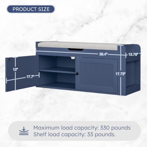 39.4" Storage Bench - Entryway Shoe Bench with Side Storage Shelves and 2 Doors, Multifunctional Entryway Bench with Lift Top Cushion, Shoe Storage Bench for Bedroom, Living Room, Navy Blue - Image 2
