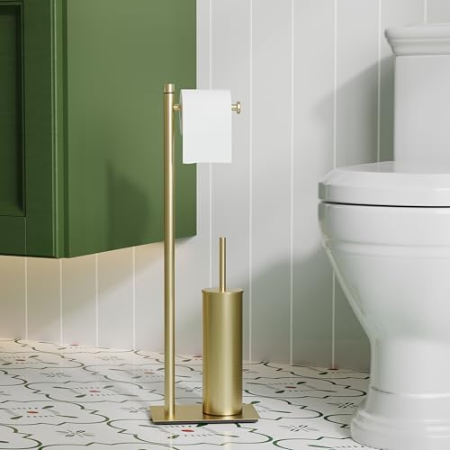 RUACQ Toilet Paper Holder Stand with Toilet Brush & Holder Set, Gold - Image 2