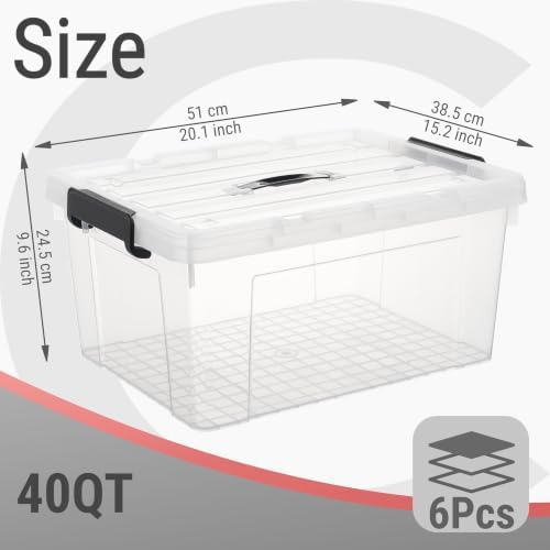 Cetomo Plastic Storage Bins with Handle, Storage Bin with Lids, Organizing Container, PP Box for Home Office, Clear, 40 Quart (Pack of 6) - Image 2