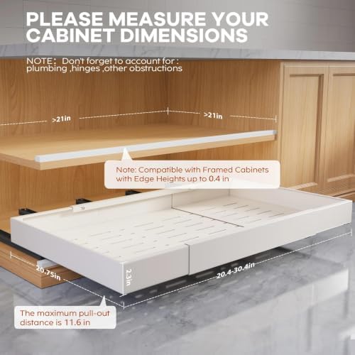 Seinloes 4 Pack Pull Out Cabinet Organizer for Wide Cabinets,Expandable 20.4"-30.4" Width,5 Slide Rails Slide Out Drawers With Raising Pad for Framed Cabinets,No Drill Roll Out Shelves 21" Deep,White - Image 2