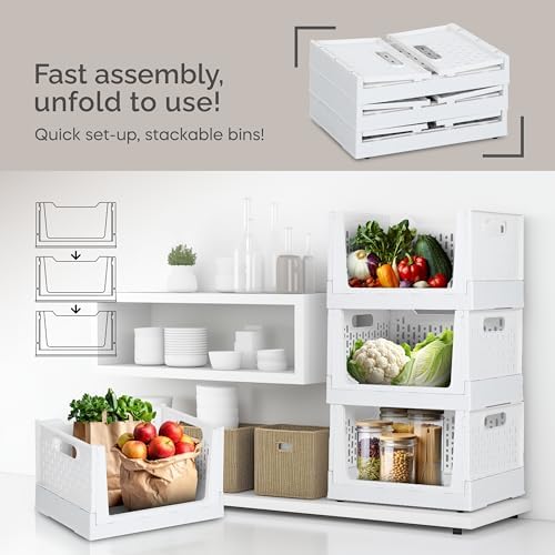 Skywin Foldable Stackable Storage Bins with Wheels, 3 Pack - Ivory - Image 3