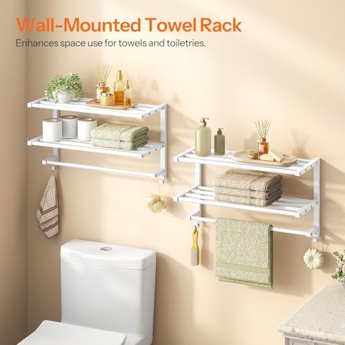HOOBRO 23.8" Towel Rack for Bathroom, 3 Tier Towel Shelf with Tower Bars, Bathroom Storage Organizer for Towels and Toiletries, Towel Holder Wall Mounted with 2 Hooks, White WT08LB01 - Image 2