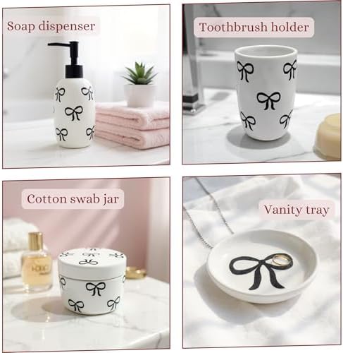 Pink Bathroom Set, 4 Pcs Ceramic Bathroom Accessory Sets - Soap Dispenser, Tumbler Toothbrush Holder, Vanity Soap Tray, Cotton Swab Jars - Pink Bathroom Decor Gift for Her (Black) - Image 3