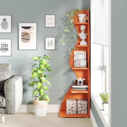 Tribesigns Corner Shelf, Modern 5-Tier Wall Corner Bookshelf, Stylish Corner Small Bookcase Storage Rack Plant Stand with Unique Shape for Living Room, Home Office (Orange, 1PC) - Image 5