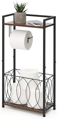 SunnyPoint Classic Space Saving Freestanding Toilet Paper Holder with Storage Shelf – Bathroom Space Saver for Phone, Tablet, and Magazines – All Purpose Bathroom Organizer Space Saver (Black) by SunnyPoint