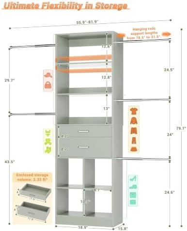 Small Closet System, 3.2-6.8FT Small Closet Organizer with 2 Wooden Drawers & 5 Hanging Rods, Can Fit 37.5 to 81.9 inch Walk-in Closet System, Built-in, Crab Green, Enclosed Storage Volume 2.32 ft³ - Image 3