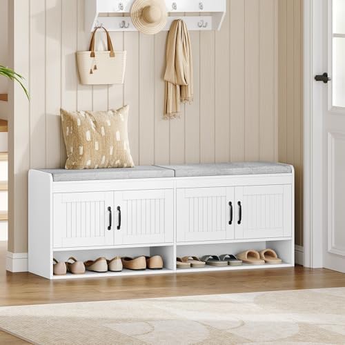 Hzuaneri 55.1" Shoe Storage Bench, Shoe Bench with 4 Doors & Padded Cushion - Image 4