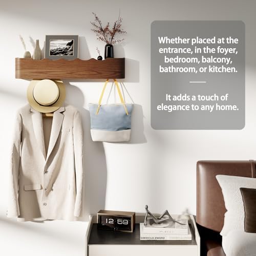 Coat Rack Wall Mount with Shelf 4 Hidden Hooks Modern Wooden Key Holder Entryway Organizer for Hallway Bedroom Bathroom Home Decor Storage for Hanging Coats Hats Bags Towels, Wave-Shape Walnut - Image 5