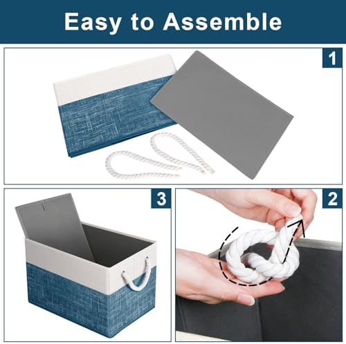 Fab totes Storage Bins 6-Pack, Foldable Storage Baskets for Organizing Toys, Books, Shelves, Closet, Large Storage Box with Rope Handles, Sturdy Organizer Bins, White & Blue - Image 4