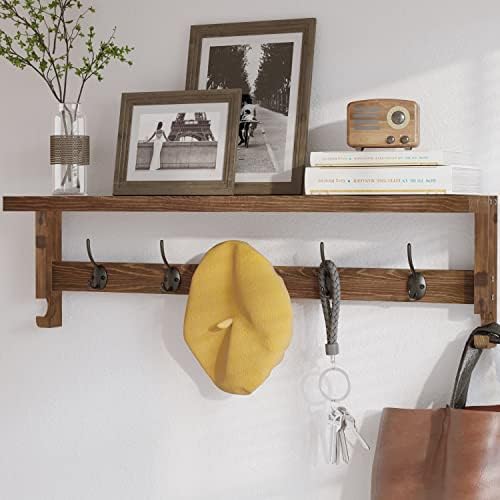 AMBIRD Coat Rack Wall Mount with Shelf, 28.9 Inches Coat Hooks Wall Mounted with 5 Hooks, Wall Hat Hooks for Hanging in Entryway, Living Room, Bathroom, Bedroom (Brown) by AMBIRD