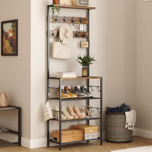 HOMEFORT Coat Rack with Shoe Storage, 5-Tier Shoe and Coat Rack with 9 Clothes Hooks, Freestanding Hall Tree Organizer for Entryway, Bedroom, Rustic Brown by HOMEFORT