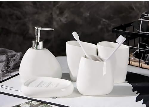 White Ceramic Bathroom Accessory Set, Bathroom Vanity Countertop Set, Bathroom Soap Dispenser and Toothbrush Holder Set Complete, 2 Tumbler Cup, Soap Dish, 5 Pieces - Image 6