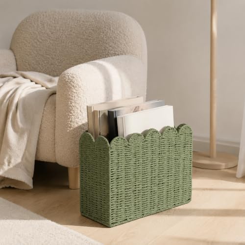 Green Paper Rope Magazine Holder, Scalloped Magazine Basket - Image 6