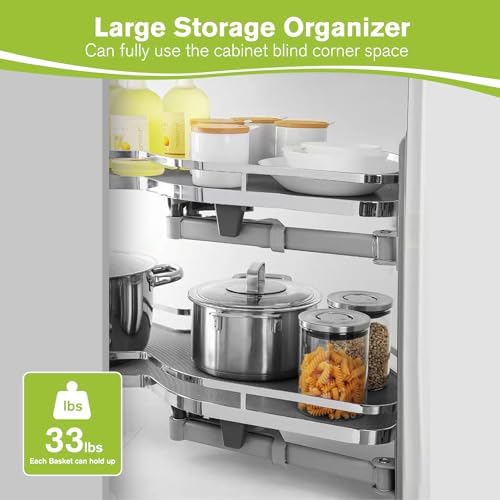 Blind Corner Cabinet Pull Out Organizer, Soft Close Swing Left Pull Out Cabinet Organizer 30inch, Corner Cabinet Lazy Susan for Cabinet Blind Shelf, 2 Tiers Tray, Adjustable Height - Image 4