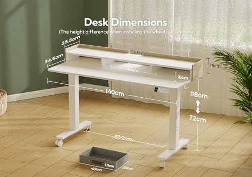 Claiks Standing Desk with Drawers & Wheels, 2 Height Shelf 55" White - Image 3