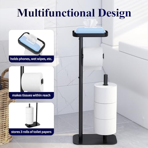 Kitsure Toilet Paper Holder Free Standing – Rustproof Metal Toilet Paper Stand for 4 Rolls with Anti-Slip Base and Shelf for Phone & Small Items, Bathroom Organizers and Storage, Medium, Black, 2Pack - Image 6