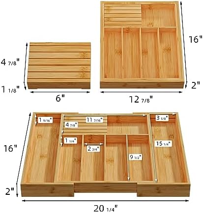 Silverware Organizer with Removable Knife Block - Bamboo Utensil Organizer for Kitchen Drawers Expandable Cutlery Organizer W12.8-20.2" x L16 x H2 (Yellow) - Image 4