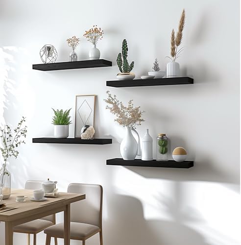 YYWUOJJ Wood Floating Shelves for Wall Decor, Rustic Wall Shelves for Bedroom Bathroom Kitchen Living Room, Set of 6 Black - Image 6