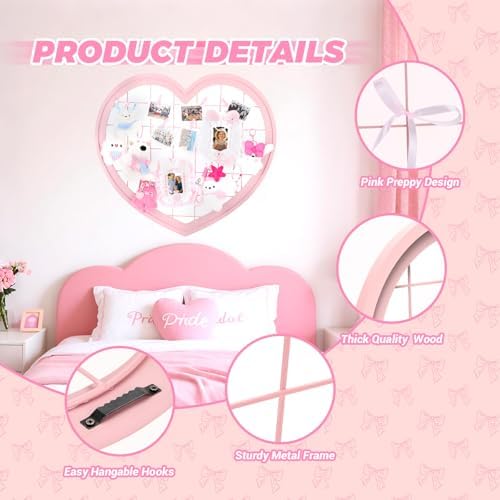 Pink Preppy Coquette Room Decor, Heart Shape Wire Wall Grid Panel for Photo Display Board and Wall Storage Organizer, Wall Decor for Teen Girls and Women Home Bedroom Living Room and Dorm - Image 4