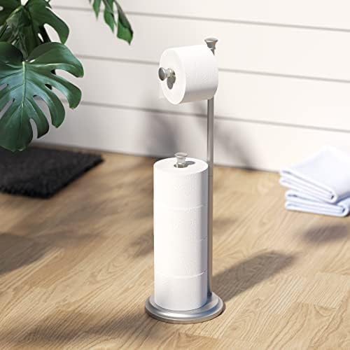 Free Standing Toilet Paper Holder Stand Brushed Nickel Toilet Roll Stand Bathroom Tissue Rack with Storage Reserves 5 Mega Rolls - Image 6