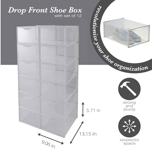 Simplify Set of 12 Stackable Shoe Boxes | Customizable | Fits Size 11 Shoes | Drop Front Design | Closet Storage | Sneakers | Heels | Clear and White - Image 4
