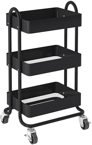 Metal Rolling Cart,3-Tier Metal Rolling Cart with Wheels,3 Tier Utility Cart with Wheels for Office,Home,Kitchen,Garden（13.4"x18.1"x31"） Black by Elitehouse