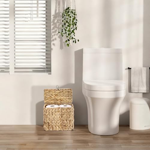Sumnacon Toilet Paper Basket, Wicker Water Hyacinth Toilet Paper Holder with Handles and Lid, Holds Up to 4 Mega Rolls, Decorative Farmhouse Woven Bathroom Accessories Toilet Tissues Organizer, Small - Image 2