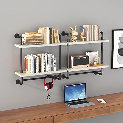 Helsin 24inch Industrial Pipe Shelving Bathroom Shelves Wall Mounted with Towel bar, 2 Tier Rustic Wood Floating Shelf, Metal Towel Rack Wall Shelf for Home & Bathroom (White, 24inch) - Image 5