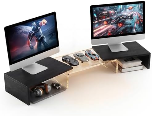Dual Monitor Riser, Acrylic Monitor Riser, Adjustable Angle & Length Computer Monitor Stand, Wide Desk Shelf for Top of Desk for Home Office_Black Maple Look Small by Bingyouth