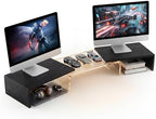 Dual Monitor Riser, Acrylic Monitor Riser, Adjustable Angle & Length Computer Monitor Stand, Wide Desk Shelf for Top of Desk for Home Office_Black Maple Look Small by Bingyouth