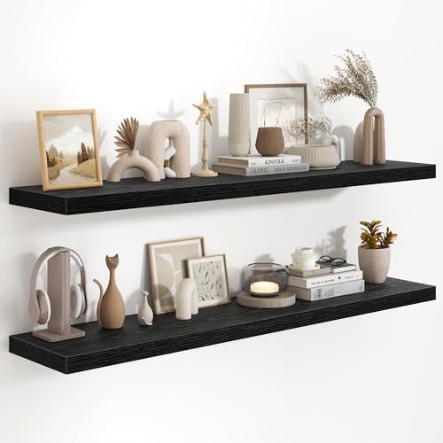 55 Inch Long Floating Shelves for Wall Set of 2, 55x9.3 Large Floating Shelf for Bedroom, Kitchen, Bathroom, Wall Mounted Rustic Wood Shelves with Invisible Bracket for Books, Decor, Black by FunMemories