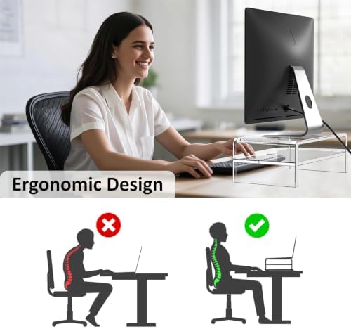 Egchi Clear Acrylic Monitor Stand Riser 2 Tier, 5.12 Inches High Clear Computer Desk Organizer Shelf for Multi Media PC Storage Laptop - Image 3