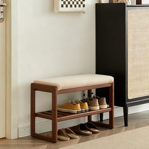 Small Upholstered Shoe Bench with Walnut Finish, Solid Wood & Memory Foam Cushion, No Assembly Needed, Narrow 2-Tier Mudroom Shoe Rack Bench for Entryway, Hallway, Front Door - Image 7
