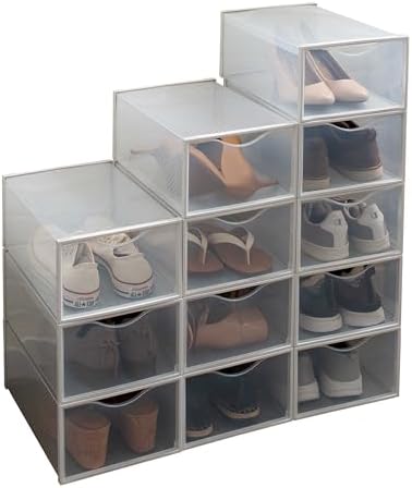 Simplify Set of 12 Stackable Shoe Boxes | Customizable | Fits Size 11 Shoes | Drop Front Design | Closet Storage | Sneakers | Heels | Clear and White by Simplify