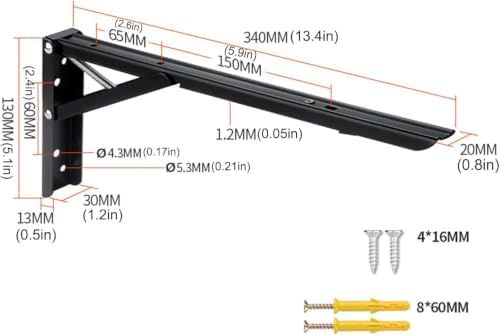 Heavy Duty Floating Shelf Brackets 2 Pack,Iron Wall Mounted Folding Supports for Work Table,Ironing Board,DIY Bench,with Screws,Black (340mm(13.4in)) - Image 2