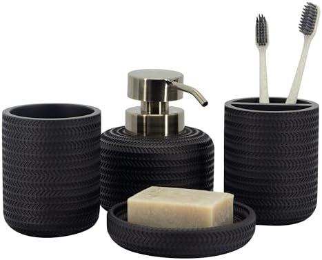 ZCCZ Black Bathroom Accessories Set 4 Pcs - Toothbrush Holder, Soap Dispenser, Vanity Tray, Tumbler - Countertop Organizer for Bathroom - Modern Accessory Set for Home Decor and Storage by zccz