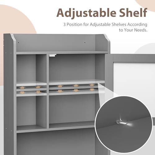 SUPER DEAL Over The Toilet Bathroom Storage Cabinet Freestanding Wooden Bathroom Organizer with Adjustable Shelves and Glass Door, Gray - Image 5