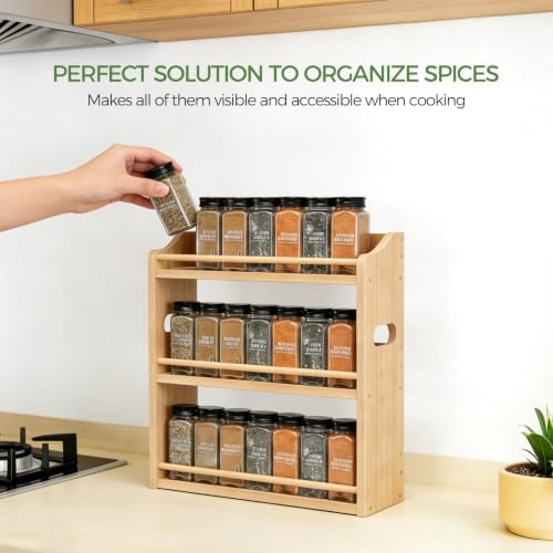 3 Tier Bamboo Spice Rack Organizer for Kitchen Countertop or Wall Mounting - Image 4