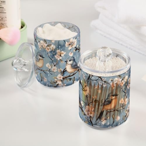 Fustylead 4 Pack Cute Blue Birds on Flowering Tree Of Cherry Qtip Holder Dispensers for Cotton Swab, Ball, Round Pads, Floss, Plastic Apothecary Jar Set for Bathroom Canister Storage - Image 4