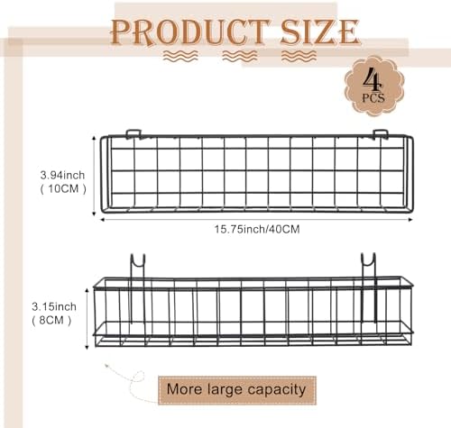 Black 4 Pack Grid Wall Hanging Baskets with 16 S Hooks, 15.8 x 3.9 x 3.2 Inch Metal Wire Wall Mount Storage Baskets for Grid Panels, Retail Display, Kitchen, Bathroom - Image 2