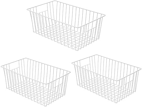16Lx12Wx6H inch Wider Freezer Organizer Baskets Container, Refrigerator Metal Wire Storage Bins with Handles for Kitchen, Pantry, Cabinet, Closets - Pearl White(3 Packs) by lonpute
