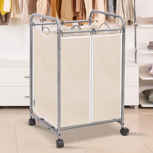 STORAGE MANIAC 2 Section Laundry Sorter, Laundry Hamper with Wheels, Beige - Image 2