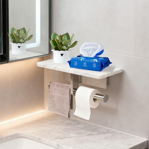 Toilet Paper Holder with Natural Marble Shelf for Bathroom Washroom,Wall Mounted Tissue Holder Suitable for Mega Roll (Brushed Nickel, Large 11.8 * 4.7) - Image 7