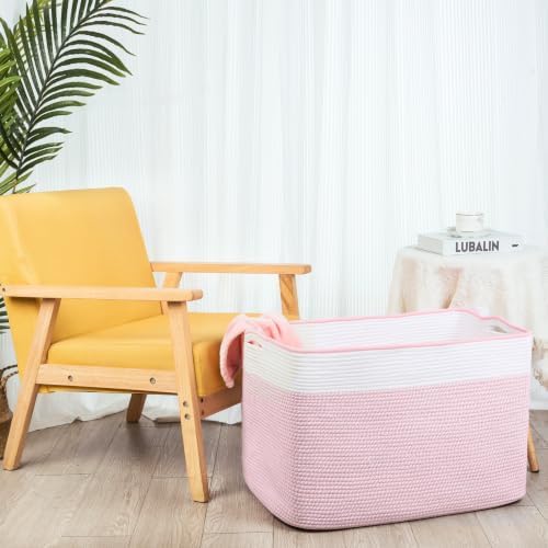 MINTWOOD Design 112L Extra Large Blanket Basket Holder Living Room, 25"x17"x16" Rectangle Rope Woven Storage Basket with Handles for Laundry, Towels, Shoes, Dog Toy Organizer Bin Box, Light Pink - Image 7
